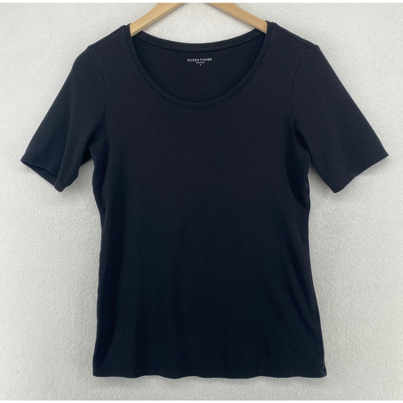 EILEEN FISHER Top S Organic Cotton Ribbed Jersey Scoop Neck Elbow Sleeve Black - Picture 1 of 9